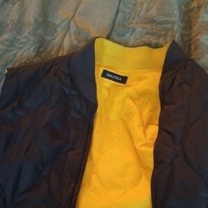 Nautica Men's Dark Blue Bomber with Bright Yellow Interior Vest